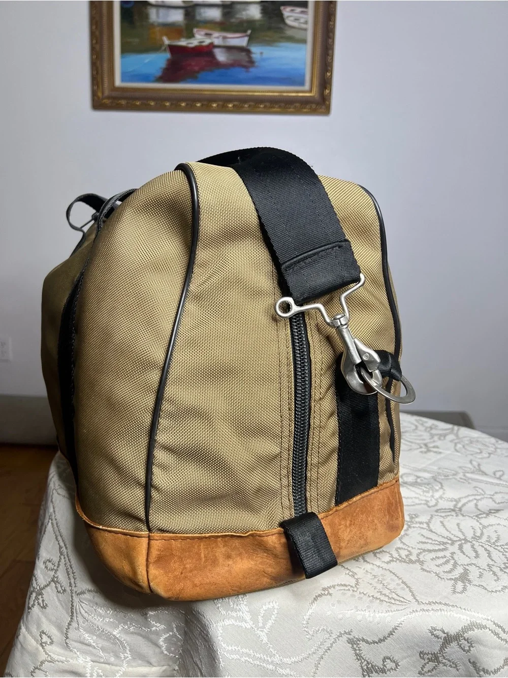 Vintage Athalon Khaki Canvas & Leather Trim Duffel Bag with Black Strap